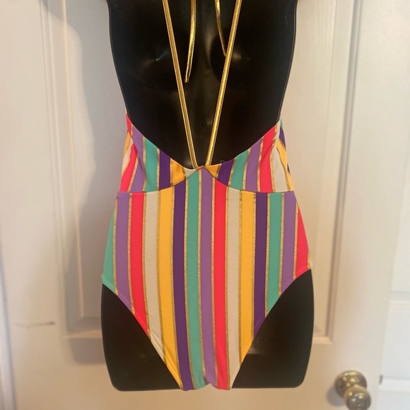 “FEATHER II” Rainbow Stripes & Gold Straps Bathing Suit - Picture 8 of 11